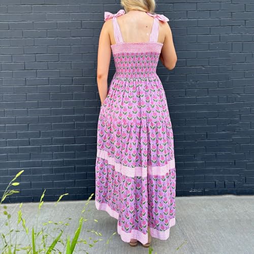 Image of Women Y2k Boho Maxi Dress Tie Shoulder Backless Strappy Tiered Flowy Dress 2024 Summer Floral Beach Sundress