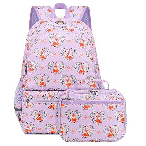 Octsky Kids Backpack for Girls School Backpack BookBag with Lunch Box Set Elementary High School Backpack for Teens(Fox Purple)