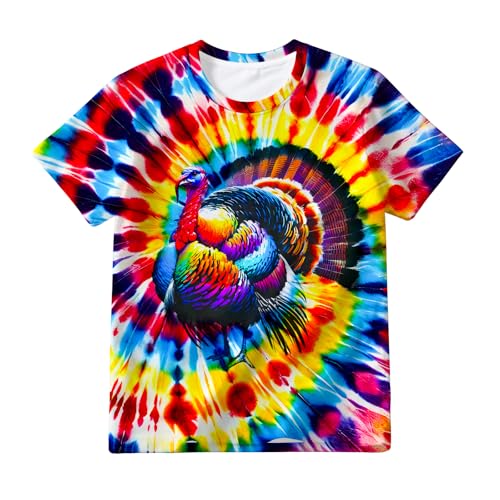 TZQPSJW Kids Rainbow Tie Dye Shirt Size 6-8 Years Short Sleeve Turkey Tees Animals T Shirts for Boys Girls