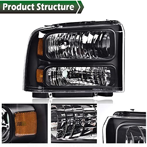 Image of GRAND ORANGE Pair Headlights Assembly, Compatible with Ford F250 F350 F450 F550 1999-2004, Fit Ford Excursion 2000-2004, Driver & Passenger, Clear Lens Black Housing Amber Reflector, faros delanteros