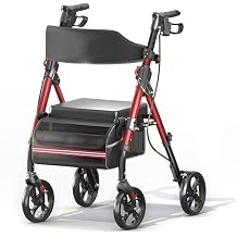Foldable Rollator Walkers with Seat for Seniors, Lightweight Rollator Walker with 8" Big Wheels, Height Adjustable Ergonomic Rolling Walker Seat, Aluminum and Carbon Steel,Red Black