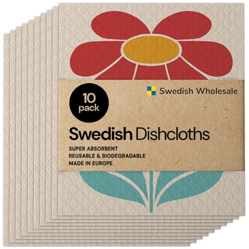 Image of Swedish Wholesale Dishcloths Reusable 8 inch x 7 inch Sponge Cloths, Bulk 10 Pack of High Absorbent Cellulose Dish & Kitchen Cleaning Hand Towels, Wring to Dry & Machine Wash, Odor Resistant, Red Flower