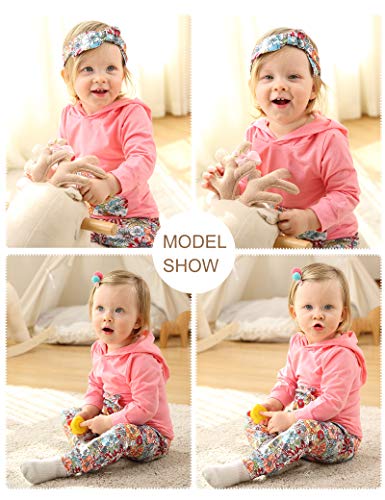 Image of Baby Girls Long Sleeve Flowers Hoodie Tops and Pants Outfit with Kangaroo Pocket Headband