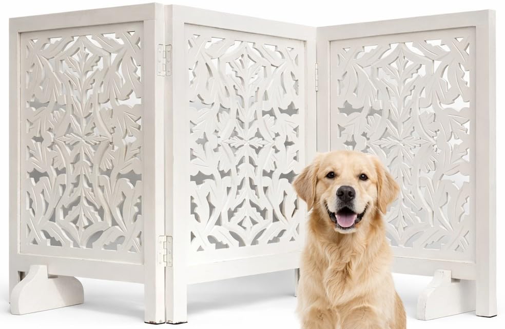 Wooden Dog Gate 54x24, 3 Panel Foldable Pet Gate, Indoor White