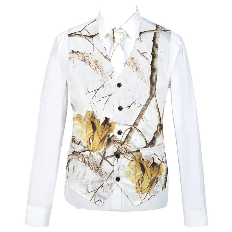 Mens Real Tree White Camo Slim Fit V-neck Vests (Vest+Tie)