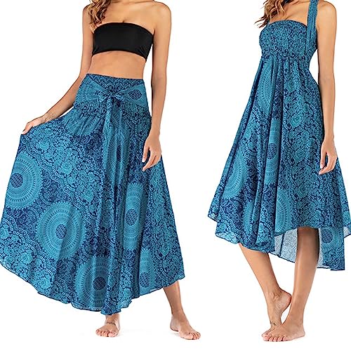 1Pcs EleganteFalda Largo para Mujer de 2 en 1,Faldas Bohemias de Verano,Verano Falda Estilo Étnico,Larga Bohemio Playa Falda Maxi Falda (Azul)