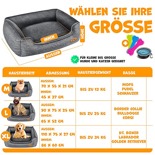 Lovpet® Hundebett Hundekissen Hundekorb Chiller, Inkl. Napf + 3X Kauknochen, Hundesofa Kissen für Kleine, Mittelgroße & Große Hunde, Bezug abnehmbar und waschbar, L 90 x 75 x 25 cm Grau