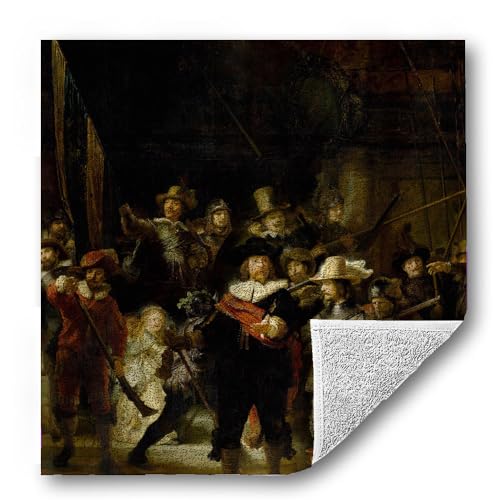 ハンドタオル 【世界の名画】 レンブラント ハンカチ ソフト 吸水力 汗 ☆バロック絵画☆ 陰影 劇的 劇画 光 影 art 絵画 芸術 名画 お洒落 スポーツ 登山旅行 肌触り ポリエステル素材(20×20cm, 夜警 フランス・ハ?ニンク?・コック隊長