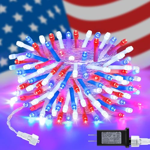 cshare Red White and Blue Lights Outdoor, 32ft 100 LED Patriotic String Lights for 4th of July, Memorial Day, Independence Day Decor, 8 Modes Timer Waterproof Connectable