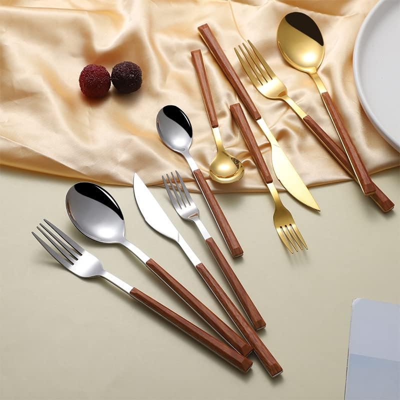 Silverware Flatware Cutlery Set, 5/20/30/40/50/60 Pieces Stainless Steel Imitation Wood Handle Knives, Forks And Spoons Portuguese Tableware Wood Grain Tableware Clamp Handle Tableware(Black