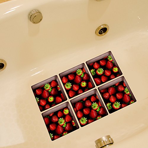 Hiseng 3D Pegatinas Antideslizantes Ducha para Bañera, 13x13cm Termorresistente Calcomanía Adhesiva Bañera Apliques para Ducha Bañera, Piscina, Escalera (6 Pieza,Fresa)
