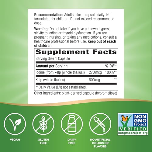nature39s way kelp supports thyroid function 600 mg per serving non-gmo project verified 180 capsules packaging may vary