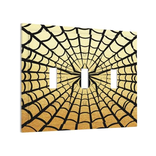 Decorative Switch Plate Covers Black Spider Spiderweb on Golden Background 3 Gang Light Switch Cover Plate Triple Toggle Wall Plate Light Switch Covers for Bedroom Home Decor
