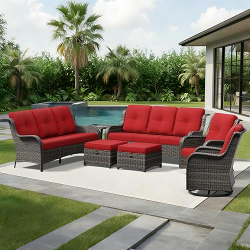 Image of Joyside 7 Piece Wicker Patio Furniture Set, Outdoor Swivel Rocker Patio Chairs with High Back, Deep Seating, Wide Armrest, Thickened Cushions, Outdoor Furniture for Deck, Porch Use