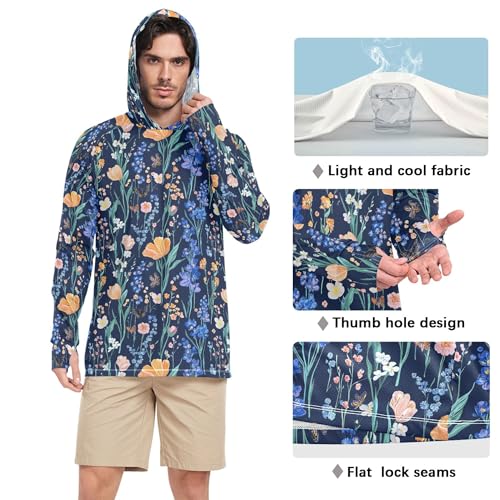 Impressionism Style Blue Flowers Mens Sun Protection Hoodies Long Sleeve Active Wear UPF 50 + Beach Shirt S4