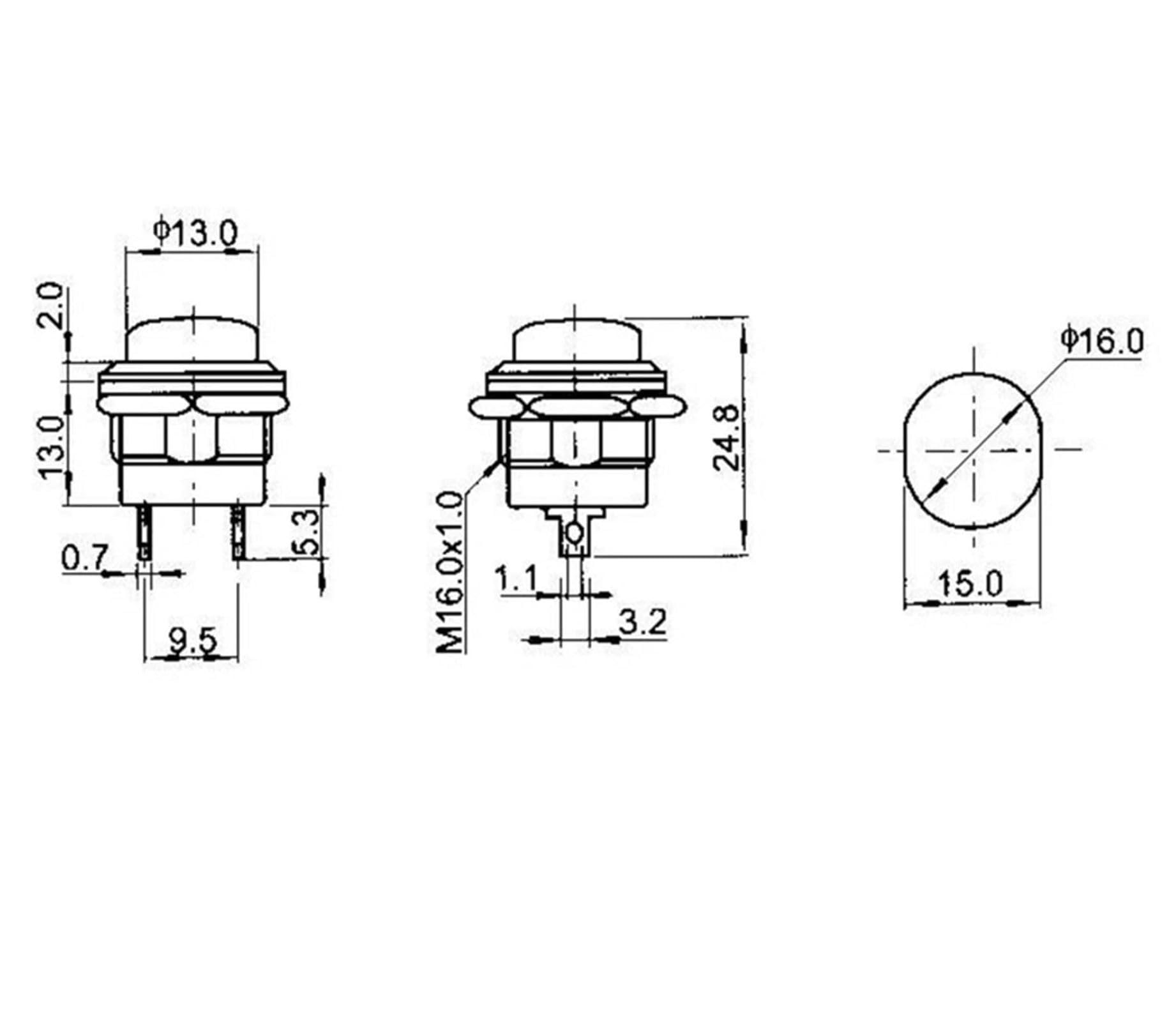 SHOKITECH Black R13-507 16MM 2PIN Momentary Self-Reset Round Cap Push Button Switch (Pack of 10) 1