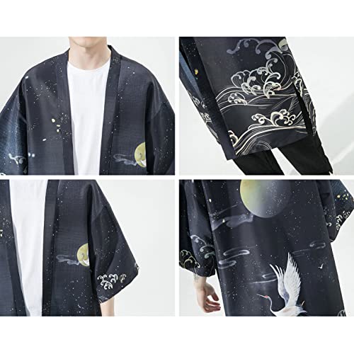 Image of HAORUN Men Japanese Kimono Coat Loose Yukata Outwear Long Bathrobe Tops Vintage