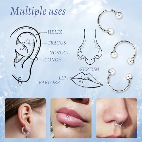 8pcs Septum Rings 16g Surgical Steel Nose Rings Hoops Septum Clicker Daith Piercing Jewelry Silver Butterfly CZ Horseshoe Nose Lip Ring For Women Men 8MM 10MM4
