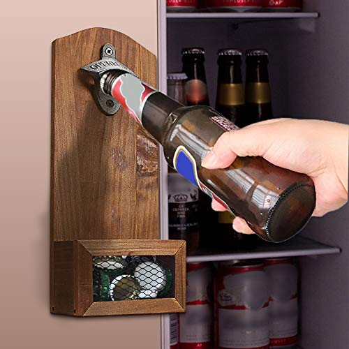 Janolia Houten Wall Mounted Flesopener met Cap Catcher, Vintage Style, een geschenk voor Vader, uw Vrienden - Afbeelding 6