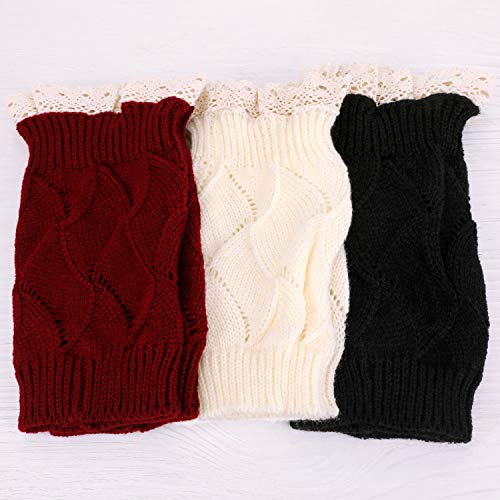 PHOGARY 3 Pairs Winter Warm Boot Cuffs for Women, Short Leg Warmers Crochet Knitted Boot Socks with Lace Trim for Gilrs Boot Topper Socks Leg Cuffs Boot Warmers Gift4