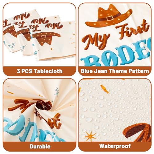 Image of K1tpde 3PCS My First Redeo Birthday Party Tablecloths Western Theme Cowboy Table Covers for Kids Blue Cowboy 1st Plastic Table Cloth for Boy Redeo Themed Party Decoration Supplies