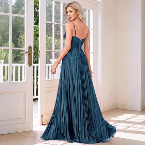 Image of Sexy Backless Maxi Formal Dress for Women with Sequin, Sleeveless Pleated Evening Gowns for Wedding and Cocktail