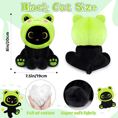 Image of Frog Plush Toy, Cute Black Cat Plush with Removable Frog Hat, 8 inch Soft Plushie Cute Stuffed Animal Pillow for Kids, Birthday Gift for Boys and Girls and Adults