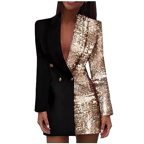 HGps8w Double Breasted Sequins Blazer Dress for Women Sexy Colorblock Long Blazers Jackets Formal Evening Party Club Outfit