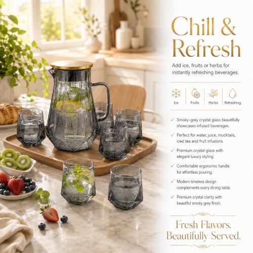 Image of bellemax Smoky Grey Glass Water Jug and Juice Glasses (1 Jug + 6 Glasses) | Premium Glass Water Serving Set with Golden Lid | Modern Juice, Water, Mocktail & Beverage Pitcher Set of 7