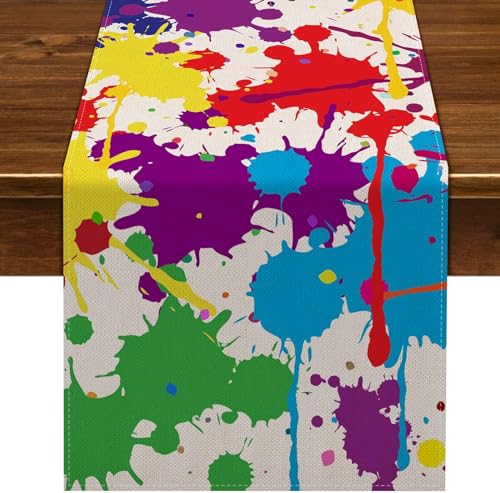 Nepnuser Linen Art Paint Table Runner Art Party Decorations Artist Painting Birthday Party Supply Pigment Color Block Dining Room Kitchen Table Decor (13" x 108")