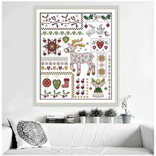 Image of Rosyfoxes Cross Stitch Kits Stamped Full Range of Embroidery Starter Kits for Beginners DIY 11CT 3 Strands - Printed kit Santa Elk with Dolls (Printed) 16.9x20.1 inches