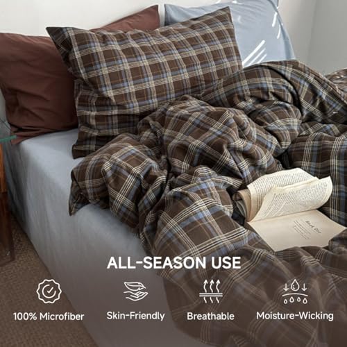 Image of Plaid Duvet Cover Set Twin Size,Brown Blue Gingham Patterned Bedding Set for Girls Boys,Modern Soft Breathable Microfiber Comforter Cover 2 Pieces with Zipper Closure and 1 Pillow Sham