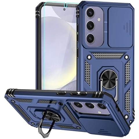 Androgate for Samsung Galaxy S24 FE Case, Soft Silicone Rubber Bumper Hard Plastic Phone Case with [Sliding Camera Lens Cover] [360° Rotatable Kickstand Ring] [HD Screen Protector] for S24 FE 5G Blue Cover