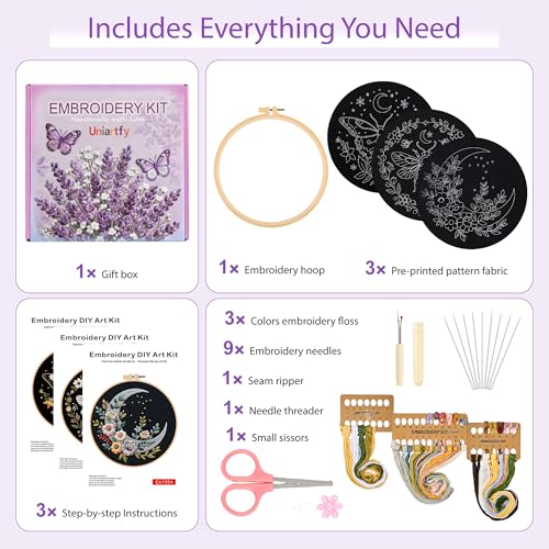 Image of Uniartfy 3 Sets Butterfly Bee Moon Embroidery Kits for Beginners, DIY Cross Stitch Starter Craft Kit for Adults, Needlepoint Kits Including Cloth with Flower Plant Pattern, Hoop, Tools, Instructions