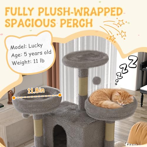 Image of Large Cat Tree, XL Multi-Level Cat Tower for Small & Large Cats with 2 Condos, 3 Perches & Hanging Hammock, Soft Plush Natural Sisal Scratching Posts, Stable for Multi-cat Families (Gray)