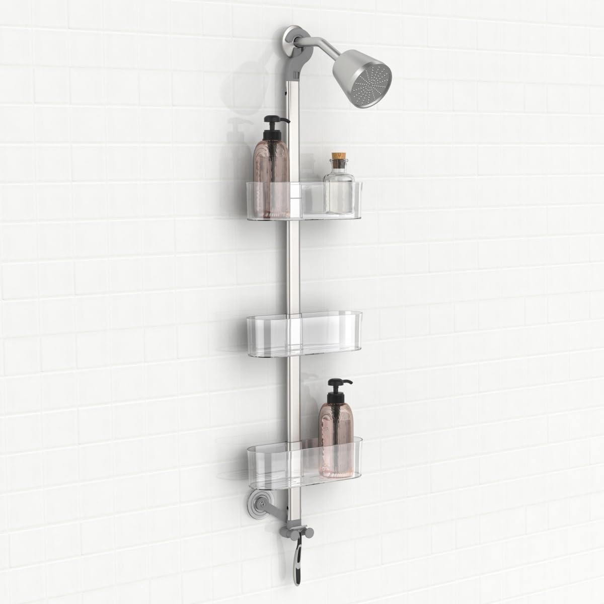 P Nova Hanging 3 Tier Aluminum Oval Shelves with Hooks Disassembled Shower Head Caddy Organizer Transparent