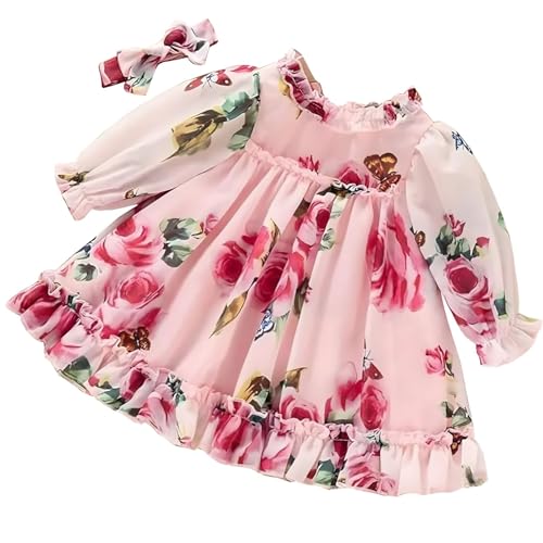 Image of Niren Enterprise Pink Summer Floral Printed Full Sleeve Ruffle Pattern Baby Girl Frock