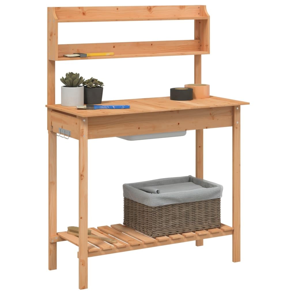 Pflanztisch mit Ablagen, Gärtnertisch, Blumenständer Holz, Pflanzstation für Terrasse Garten Balkon, 147.5 x 44 x 139.5 cm
