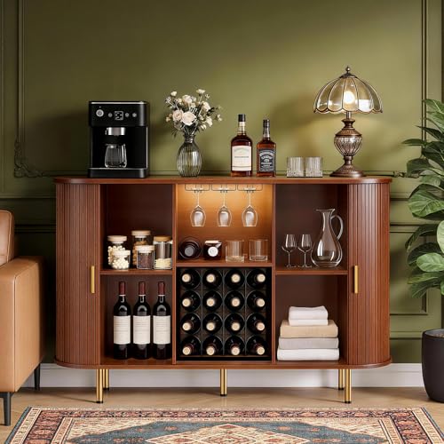 Image of DHH 55 inch Wine Bar Cabinet with Storage, Fluted Liquor & Coffee Bar Cabinet with Wine Rack and Glass Holder, Buffet Sideboard with LED Lights for Home Kitchen Living Dining Room(Walnut)