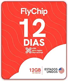FlyChip eSIM Internacional para Estados Unidos, 1GB por Dia, Cobertura 5G AT&T Verizon T-Mobile, Chip Virtual para Viagem (12 dias – 12 GB)