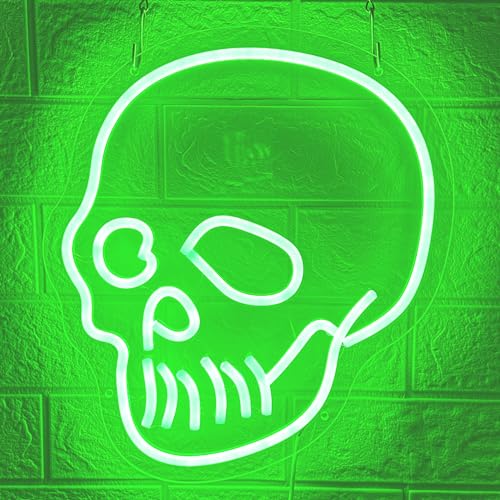 Image of Skull Neon Sign Green Skeleton Head LED Neon Signs Skull Wall Sign Neon Halloween Sign Skeleton Lights Sign for Bedroom Man Cave Game Room Halloween Decor Indoor