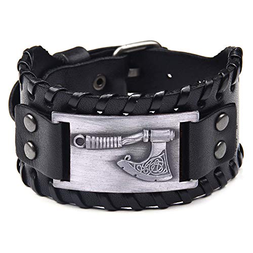 TURTLEDOVE Viking Axe Bracelet Wristband - Celtic Knotwork Leather Bracelet - Pagan Wide Cuff of Talisman
