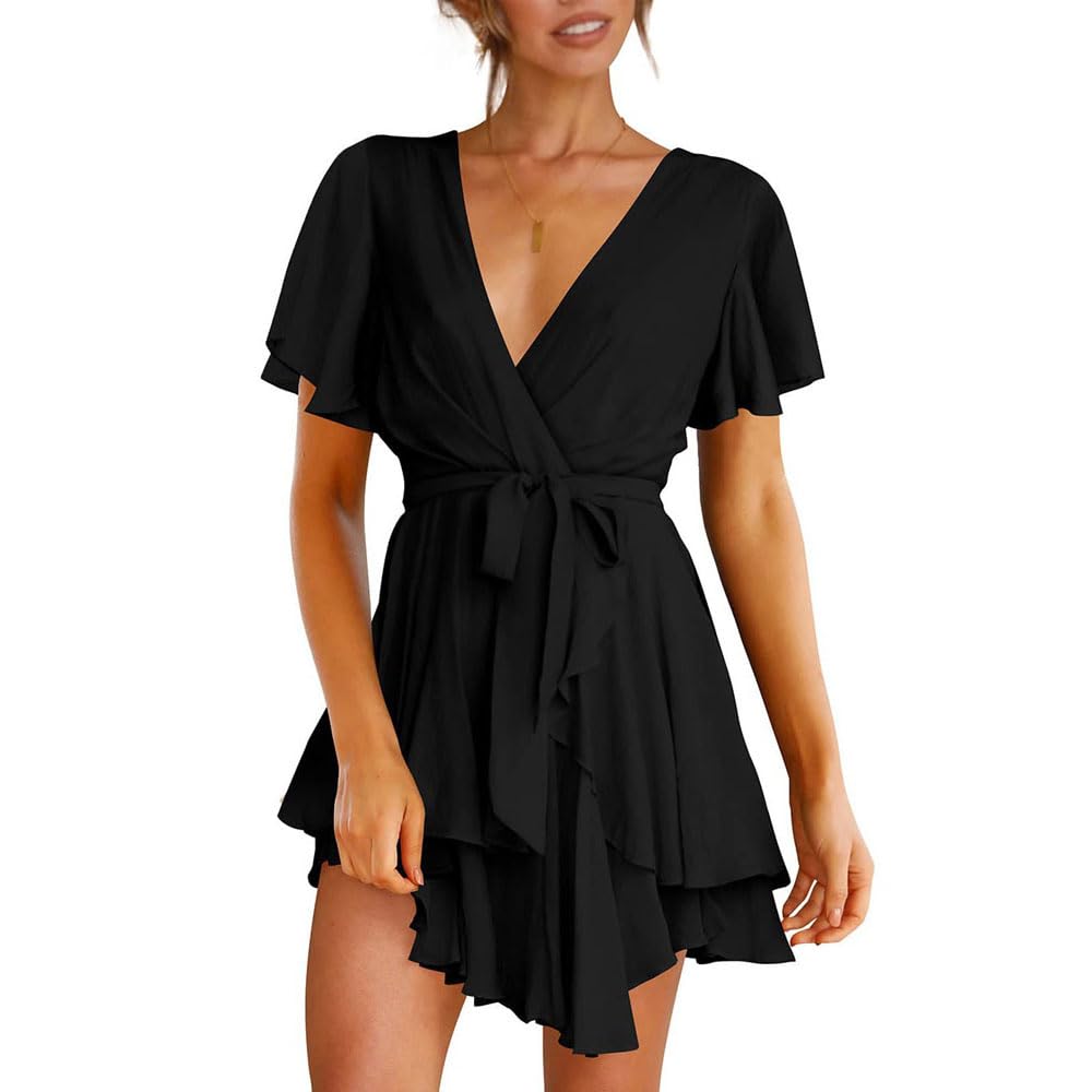 Vestito Donna Maniche Corte Scollo V Orlo a Volant Pieghe Abiti Miniabito da Sera Cocktail Party
