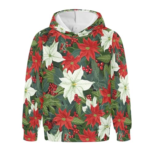 Kids Hoodies Sweaters Christmas Poinsettia Flower Hooded Sweatshirts with Big Pockets for Boys Girls B0400061