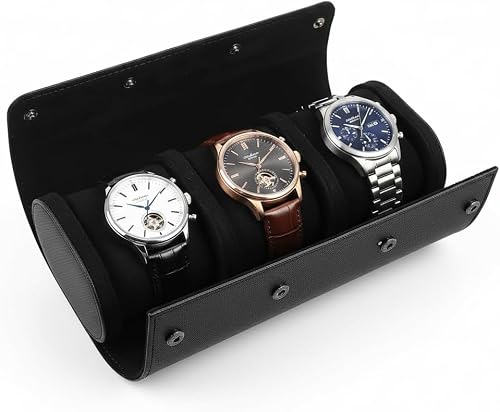 CHRONO SIMZ Watch Roll Case 3 Slot Leather Watch Case Organizer - Premium PU Leather Material Vintage Display Case Storage for Watch Jewelry (Black) (Black)