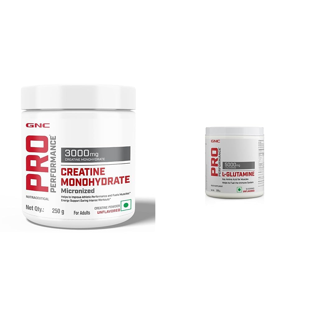 GNC Pro Performance Creatine Monohydrate, (Unflavoured, 250 Grams Powder) & Zeon Lifesciences Ltd L-Glutamine 5000 Mg - 50 Servings Powder- 0.55Lbs, 250 Grams (Unflavored)-picture-39