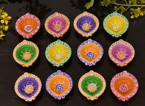 Image of CraftVatika 12 Pcs Diya for Puja, Clay Diyas for Home Decorations, Festive Decor, Natural Clay Diyas for Diwali, Decorative Handpainted Mitti Diya Diwali Decorations for Home