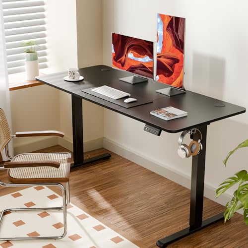Image of ERGOMAKER Electric Standing Desk 140x60cm (55.1 inchx23.6 inch), Height Adjustable Sit Stand Desk with Splice Board for Home Office, Computer Desk Memory Preset (Black Frame + Black Desktop)