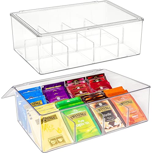 Puricon 2 Pezzi Porta Tisane Bustine con Coperchio, Porta Bustine The e Tisane in Plastica Trasparente, Scatola Tisane a 8 Scomparti, Tea Box -Trasparente