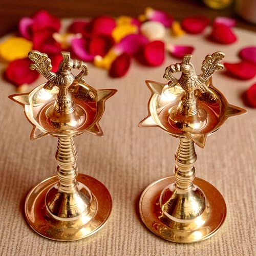 Image of Kerala Brass Diya with Peacock Design | Height: 9 Inch Premium Kerala Kuthu Vilakku I Panchmukhi Diya Puja, Home and Office Temple, Festive Gifting | Pack of 2 | Weight: 330 Grams Each